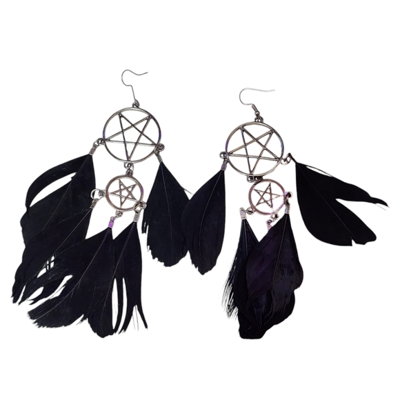 Feather Pentagram Dangle Earrings - Picture 2 of 3